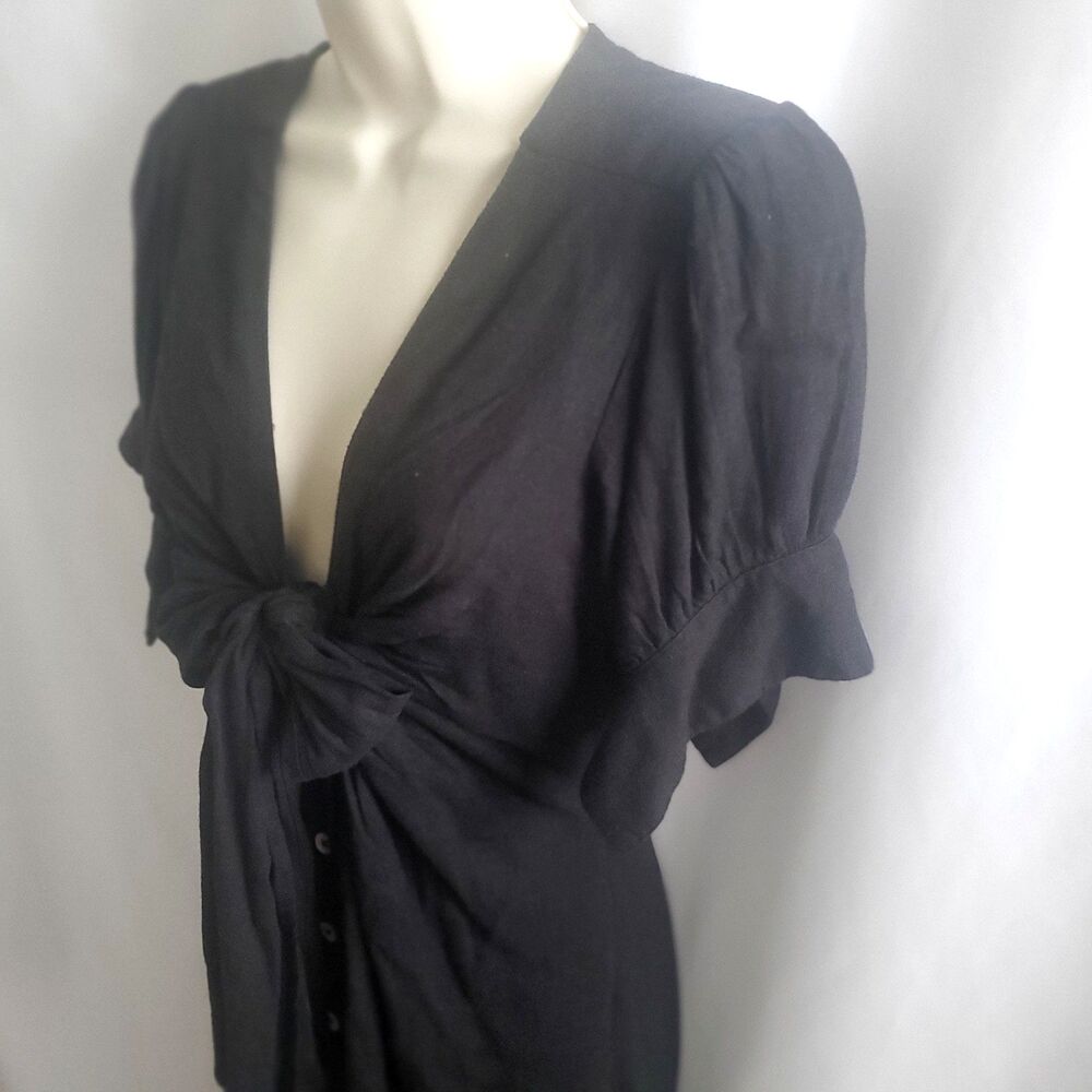 NEW Free People Women's Maxi Dress XS Black Plunge Neck Tie Front Linen Blend - Picture 6 of 10